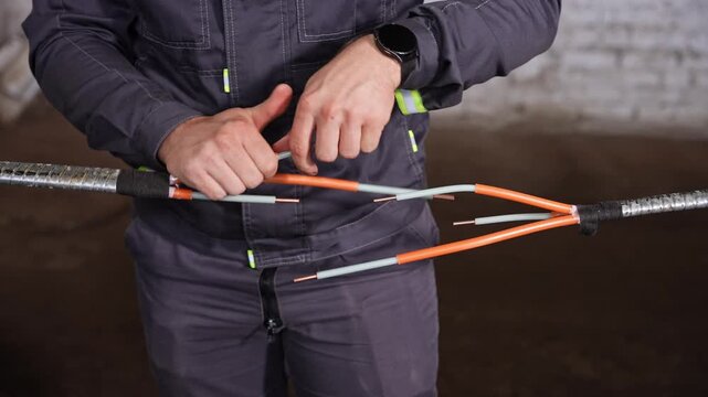 Closeup Of Technician Meticulously Aligning And Compressing Cable Connections During Industrial Wiring Process
