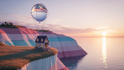 Naklejka premium Colorful striped cliffside house with rainbow hot air balloon floating above serene ocean sunset landscape scene
