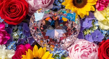 Heart-shaped diamond amidst a vibrant floral arrangement, a symbol of love.