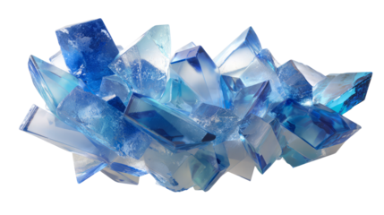 Cluster of sharp blue crystals on white background