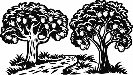 Black and white vector illustration of two fruit trees with lush foliage and winding