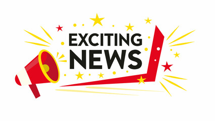 Bright megaphone announcing exciting news with stars and rays on white background