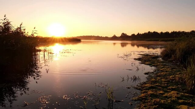 Golden Hour Water Reflection Focus on the sun's low angle light creating a shimmering, almost metallic sheen on the undisturbed backwater surface.
