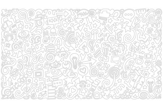 A playful and dynamic seamless doodle pattern crafted with numerous hand-drawn abstract elements, including stars, arrows, hearts, and communication symbols, ideal for creative background textures