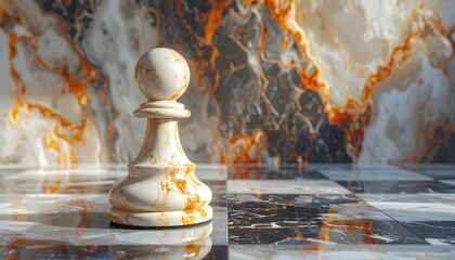Marble pawn stands on a reflective checkered surface, set against a swirling, textured marble backdrop