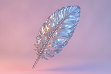 A surreal floating feather made of liquid chrome and translucent glass, softly glowing with pastel light. The barbs appear to ripple like fluid metal. Minimal pastel background with atmospheric mist. 