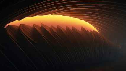Dramatic sunset over dark mountain range with golden orange light and cloud shadows