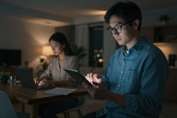 Two people working on devices in a dimly lit room