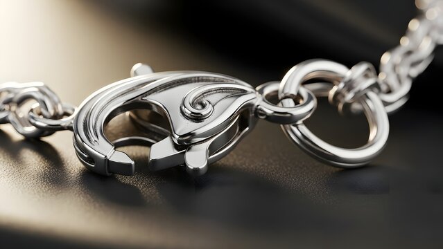 Close up detailed macro shot of a silver jewelry clasp connecting two chains, showcasing intricate craftsmanship and luxurious design