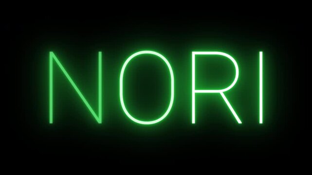 Flickering neon green Nori sign animated on black background.