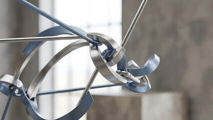 Close-up of an abstract futuristic metal structure featuring interlocking rings and curved steel elements in a modern interior. The design represents technology, engineering, innovation.