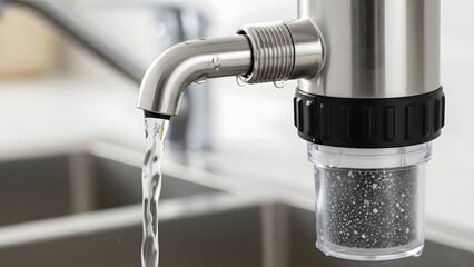 Obraz premium Clean filtered water flowing from a modern kitchen faucet water filter purifier