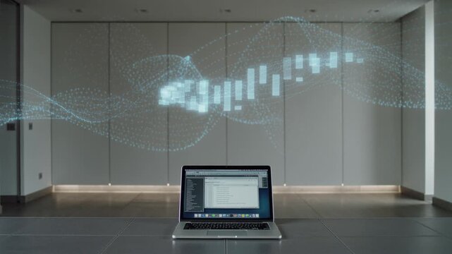 Laptop with animated analytics graph fluctuating above screen, static eye level shot, deep focus, clean copy space by Generative AI