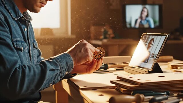 Craftsman holds wooden gear during video call at workshop desk with tablet. Maker examines wood piece teaching online. Craftsman shows gear on video call. Workshop desk with wooden materials.