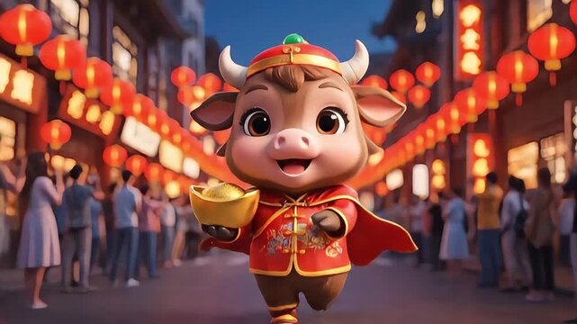Cartoon cow in traditional Chinese attire celebrating Lunar New Year.