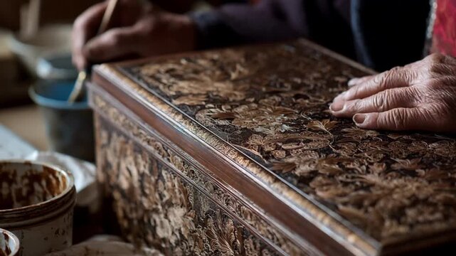 Skilled artisan carefully engraving intricate patterns onto a wooden casket in a dedicated design studio.
