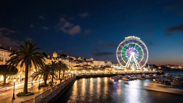 Torquay Harbor and Ferris Wheel Day to Night Time-Lapse 4K Video