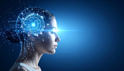 Woman's profile with digital brain design and glowing elements at night