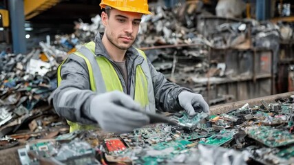 Specialist analyzing electronic waste at a recycling center carefully checking components for hazardous elements and correct disposal compliance in audit procedures.