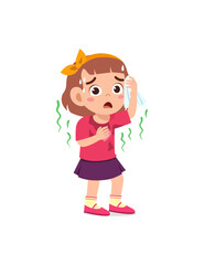 Obraz premium Cartoon-style girl showing discomfort and illness symptoms.