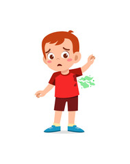 Obraz premium Cartoon-style boy sweating with visible armpit stains and green odor lines, showing discomfort.