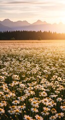 Obraz premium Expansive field of white wildflowers bathed in the warm glow of sunset near silhouetted mountains