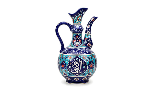Decorative Ottoman style ceramic pitcher featuring traditional Turkish ornament textures and studio lighting.
