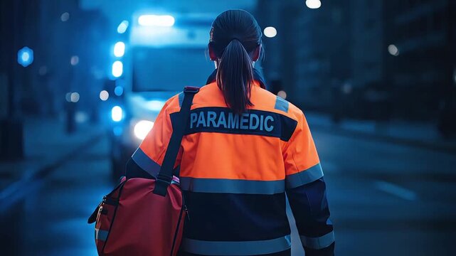 Female paramedic standing on a dark street with emergency bag.