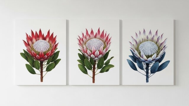 Beautiful protea flowers artwork on white wall