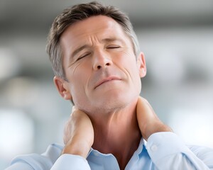 Stressed man touching neck due to muscle pain, young caucasian male, adult, health, ache, injury, spine, body, medical, office, back, shoulder, indoor, business, computer, sitting, alone, background.