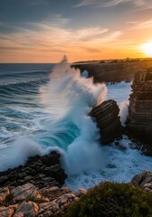 Powerful ocean waves aggressively crash against rugged coastal cliffs during a dramatic sunset