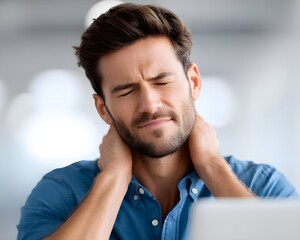 Stressed man touching neck due to muscle pain, young adult male, health, ache, painful injury, caucasian, office, sitting, computer, alone, indoor, business, body, whiplash, therapy, medical, concept.