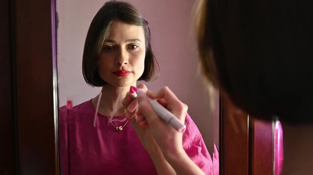 Love note on the mirror. A girl draws a heart on a mirror with the abbreviation &ldquo;ILU,&rdquo; symbolizing affection and a modern expression of love. 