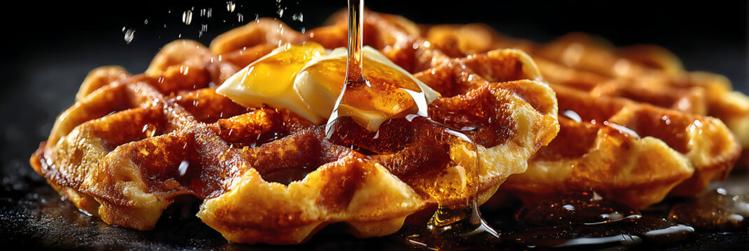 Golden waffles glisten under a cascade of maple syrup, the butter melting into sweet pools as it's drizzled, promising a deeply comforting, indulgent breakfast moment.