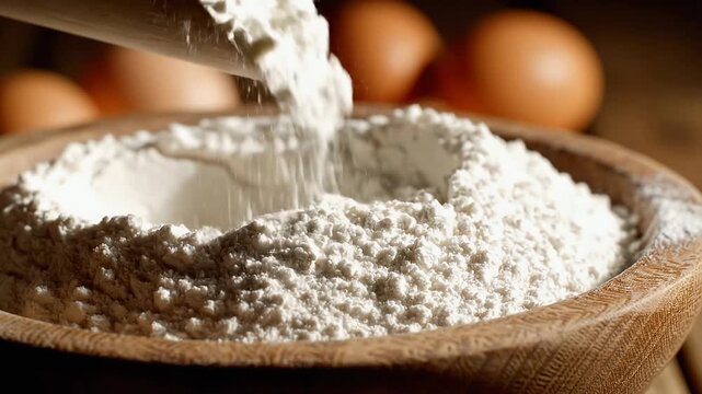 Baking Time - Flour, Eggs, and Wooden Scoop in Kitchen.