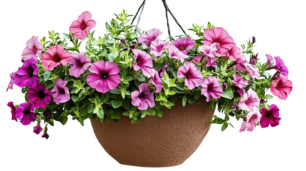 Hanging Petunia Trailing Vines with Vibrant Pink and Purple Flowers on transparent background