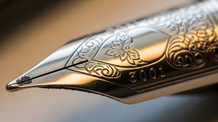 Extreme close-up of a highly detailed, ornate, engraved metal fountain pen nib with ornate floral patterns and the number 2001
