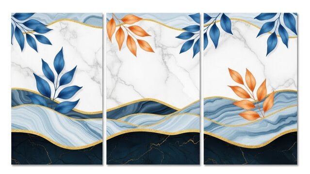 Modern triptych art featuring marble and leaves