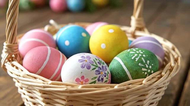 Wicker basket filled with painted eggs on wooden surface. Decorative still life shows color variety, craftsmanship and festive table decoration in cozy home setting.
