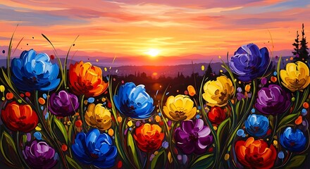 Colorful Floral Landscape Painting at Sunset with Vibrant Flowers.