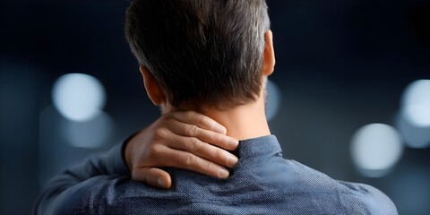 Stressed man touching neck due to muscle pain, male adult health stress, hand ache, painful injury, young caucasian sitting alone, office work, medical concept, spine backache, therapy, indoor