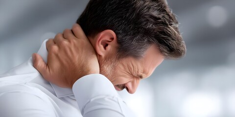 Stressed man touching neck due to muscle pain, adult male feeling ache, injury, painful spine, backache, caucasian person alone, office work stress, health care concept, sitting indoor, medicine