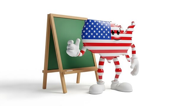Cartoon cat with american flag and chalkboard