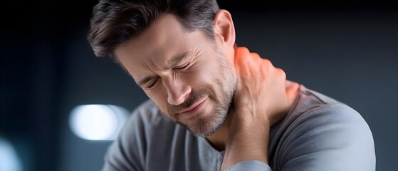 Stressed man touching neck due to muscle pain, male adult, health, stress, hand, ache, injury, young, sleepy, back, caucasian, body, medicine, sick, office, computer, business, alone, indoor.