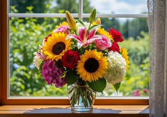 Vibrant mixed floral arrangement sits on a wooden windowsill with a lush green garden view.