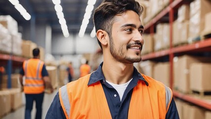 A man wearing a safety vest stands in a busy warehouse. He smiles while looking at coworkers packing boxes. The space is filled with shelves stacked high with goods