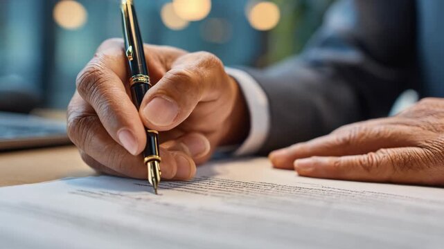 Medium shot of a lawyer carefully reviewing and drafting a grant agreement document in a modern office setting focused on legal details and client terms.