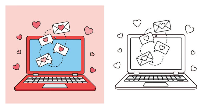 Laptop with love messages and hearts vector illustration set. Online dating and Valentine's Day concept. Colored and black and white outline for coloring book page.