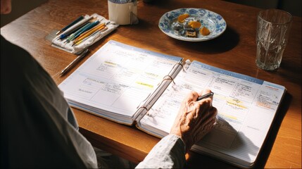 Elderly person writing in weekly planner with medication schedule and notes on wooden table with colored pencils, plate with snacks, and glass of water