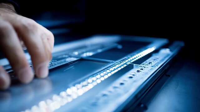 Expert fixing a TFT display panel with focus on replacing damaged pixels under bright repair station lighting